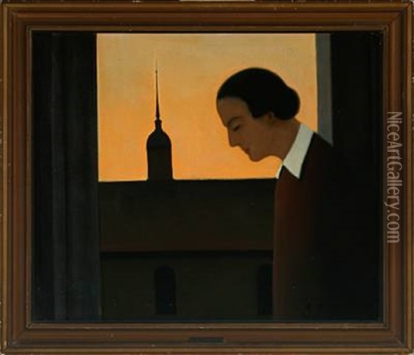Woman By Window, In The Background Brodremenigheden's Church Oil Painting - Jeppe Madsen Ohlsen