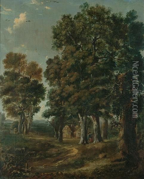 A Wooded Landscape With Travellers Resting Beside A Path Oil Painting - Jan Wijnants