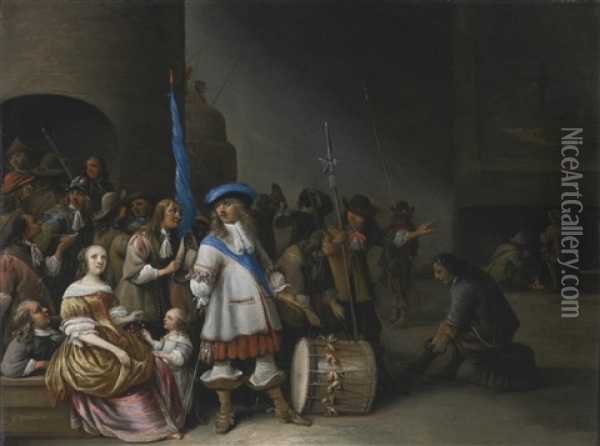 A Guardroom Interior With An Officer, His Men, A Mother And Child Oil Painting - Anthonie Palamedesz