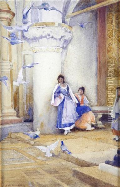 A Spanishsquare, With Figures And Pigeons Oil Painting - James W. Milliken