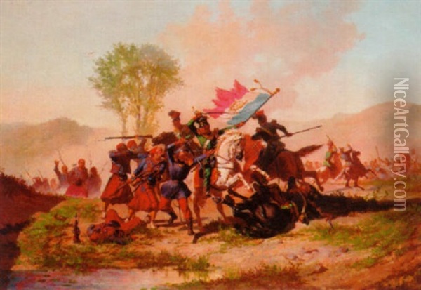A Cavalry Skirmish Between French And Polish Soldiers Oil Painting - Auguste Viande