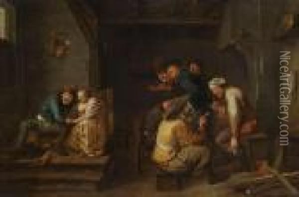 Peasants Making Merry In An Inn. Oil Painting - Adriaen Brouwer