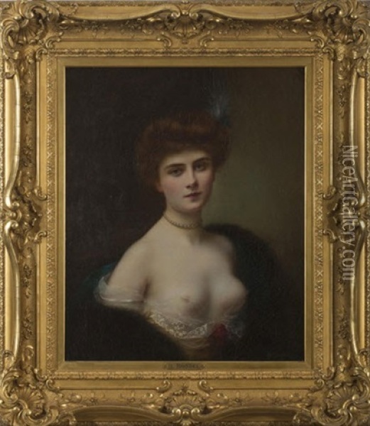 Portrait Of A Woman With Auburn Hair Wearing A Pearl Necklace, Low-cut Gown And Fur Wrap Oil Painting - Henri Rondel