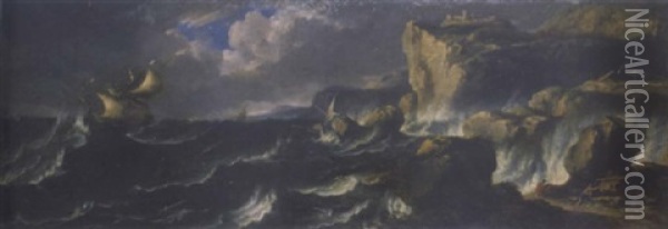 A Shipwreck And A Man O' War Off A Rocky Coastline In Stormy Waters Oil Painting - Pieter Mulier the Younger
