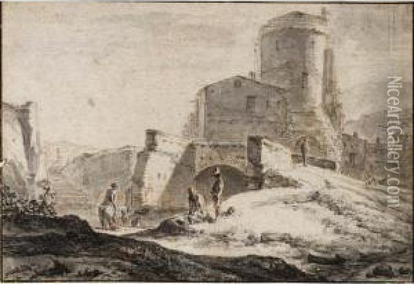 An Italianate Landscape With Travellers Near A River, And A Tower Behind Oil Painting - Jacob Van Der Does I
