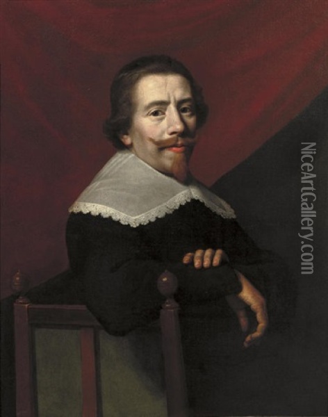 Self-portrait Seated In A Black Coat And Lace Collar, A Red Curtain Beyond Oil Painting - Jacob Van Hasselt