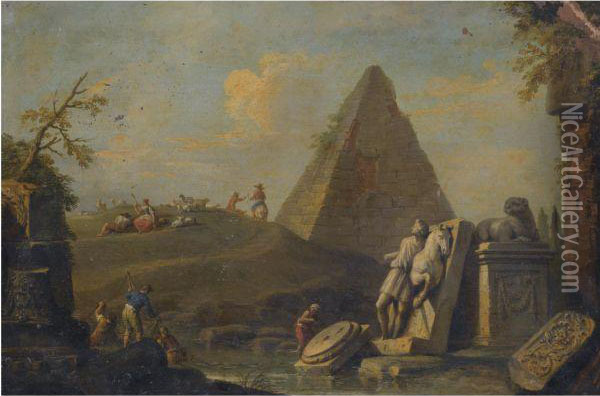 A Capriccio Landscape With The 
Pyramid Of Mucius Scaevola And Fishermen Drawing In Their Nets From A 
Stream Oil Painting - Giuseppe Zocchi