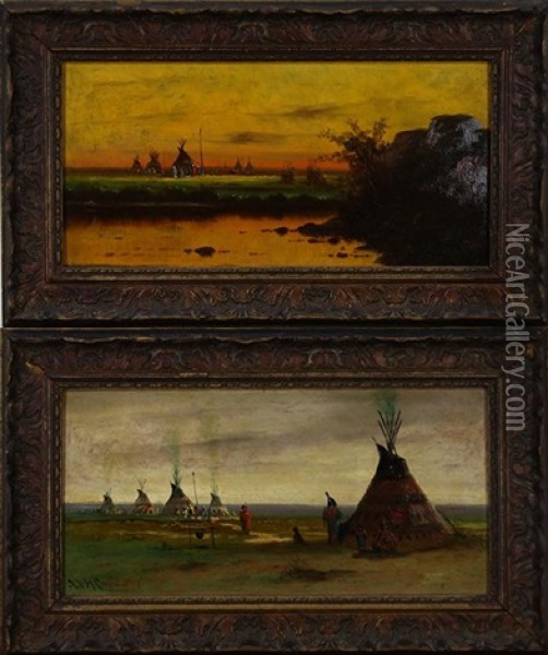 Indian Encampment; Indian Encampment At Sunset (2 Works) Oil Painting - Astley David Middleton Cooper