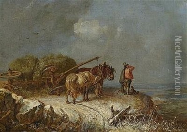 Winterlandschaft Mit Umgesturztem Heuwagen Oil Painting - Heinrich Buerkel