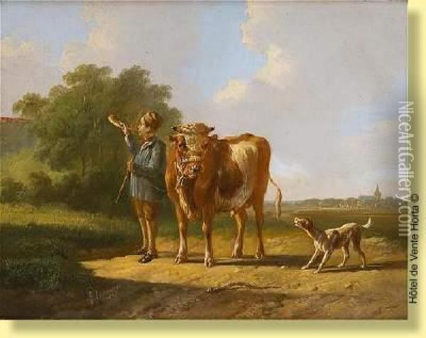 Taureau Et Sonneur De Trompe Oil Painting - Albertus Verhoesen