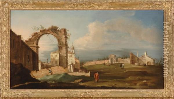 Italienische Stadtansicht Mit Antiken Ruinen. Oil Painting - Giacomo Guardi