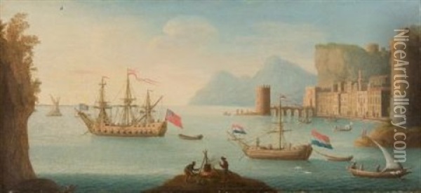 Englisches Und Niederlandisches Schiff Vor Italienischer Kuste Mit Hafenstadt. Oil Painting - Jacob van Lint