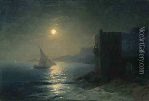 Coastal Fortress with Felucca by Moonlight Oil Painting - Ivan Konstantinovich Aivazovsky