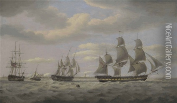 A Frigate In Three Positions At The Mouth Of The Thames Estuary, With A Naval Cutter And Other Coastal Craft Beyond Oil Painting - Thomas Luny
