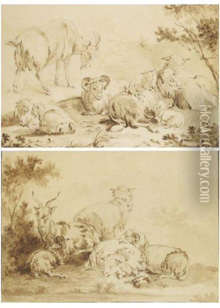 Chevres Et Moutons : Une Paire 
Plume Et Encre Brune Sur Traits De Crayon Noir, Lavis Brun Oil Painting - Jean-Baptiste Huet I