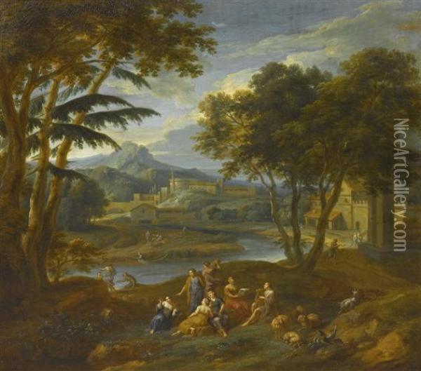 Group Of Figures Playing Music In A Broad Classical Landscape. Oil Painting - Pieter Rysbrack