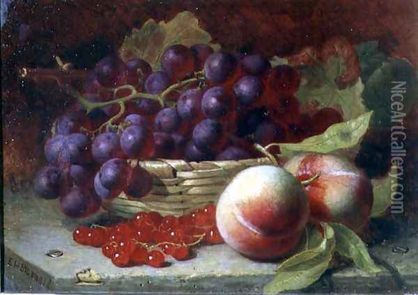 A still life of red currants, peaches and grapes in a basket Oil Painting - Eloise Harriet Stannard