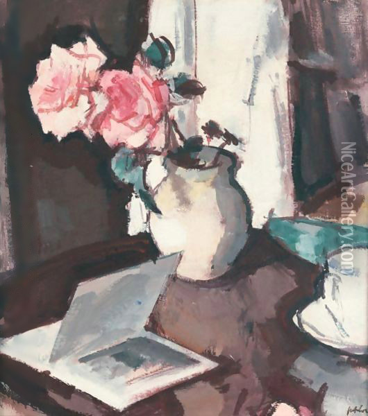 Pink Roses And An Open Book Oil Painting - Samuel John Peploe