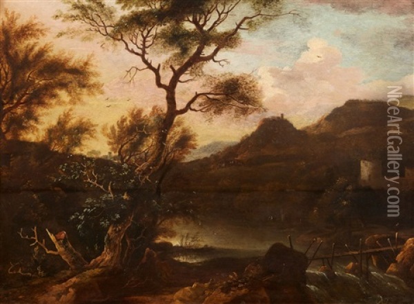 River Landscape With Ruins Oil Painting - Frederick De Moucheron