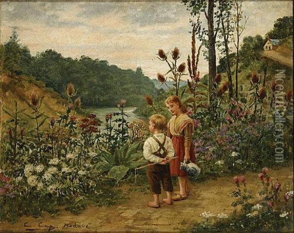 'deux Enfants A Modave' Oil Painting - Constant Aime Marie Cap