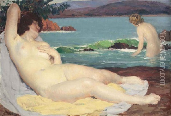 Reclining Nude At The Shore Oil Painting - Louis Francois Biloul