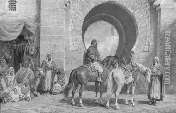 Arab Horsemen And Traders Outside City Gate Oil Painting - Arthur Trevor Haddon