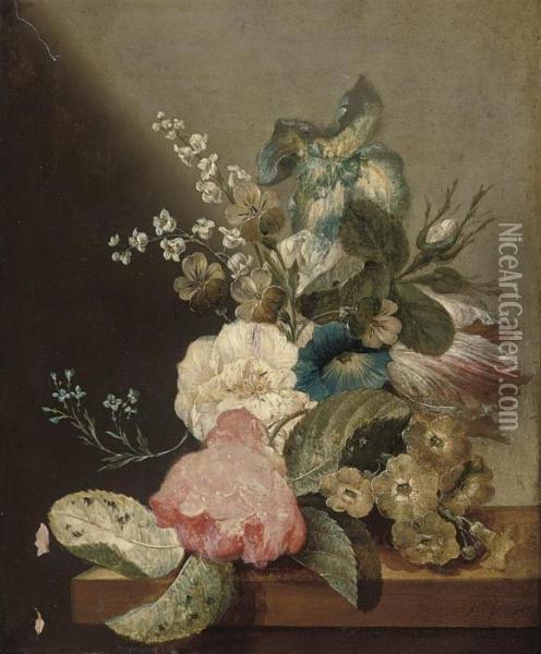 Roses, An Iris, Lily Of The Valley On A Wooden Ledge Oil Painting - Jan Van Huysum
