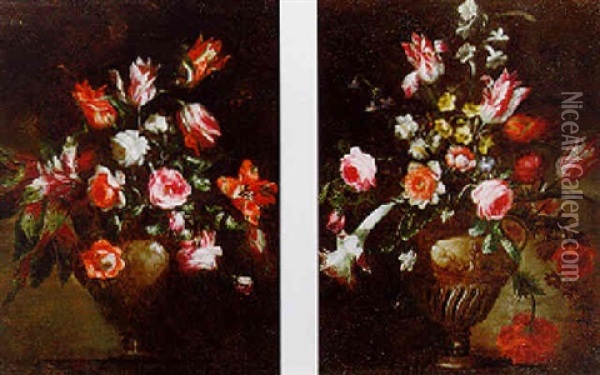 Still Life Of Roses, Anemones And Tulips In A Vase Oil Painting - Mario Nuzzi