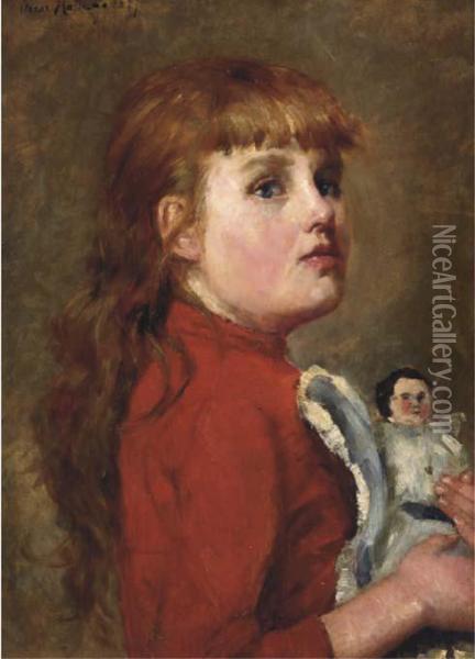 Young Girl With Her Doll Oil Painting - Charles-Dominique-Oscar Lahalle