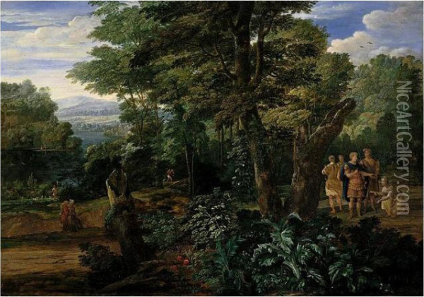 A Wooded River Landscape With Semiramis Receiving The Crown Of The King Of Assyria Oil Painting - Eglon Hendrick Van Der Neer