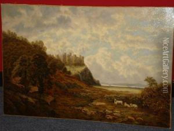 Country Landscape With A Hilltop Castle,possibly Harlech Oil Painting - Bernard Benedict Hemy