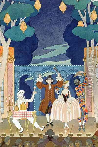Pantomime Stage, illustration for 'Fetes Galantes' Oil Painting - Georges Barbier