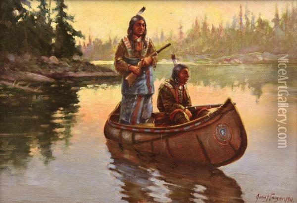 Hunter In Canoe Oil Painting - John Hauser