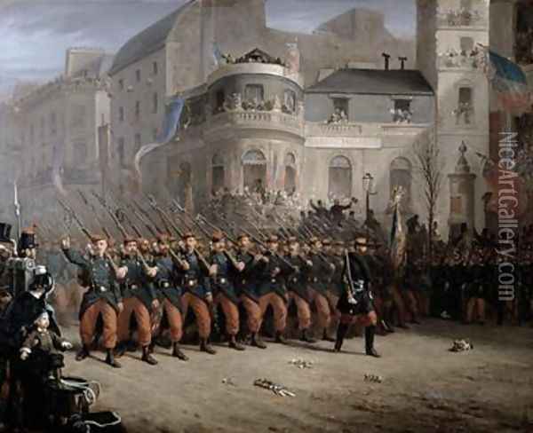 The Return of the Troops to Paris from the Crimea Boulevard des Italiens in front of the Hanover Pavilion December 1855 Oil Painting - Emmanuel Masse