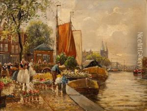 Blumenmarkt In Amsterdam Oil Painting - Hans Herrmann