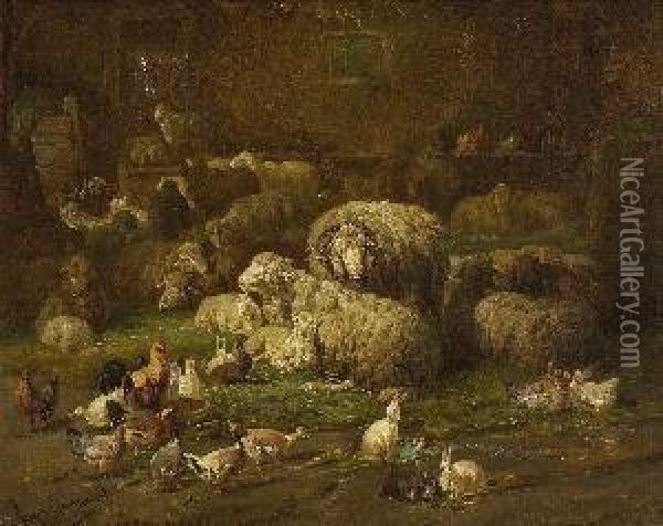 Schafe Im Stall. Oil Painting - Henri Louis Ludwig
