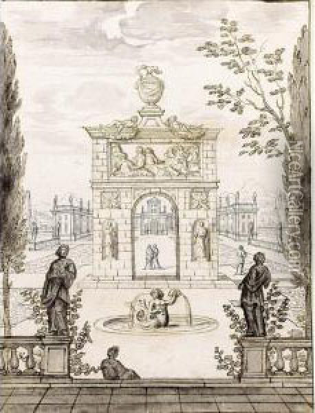 Classical Garden With Arcades, Statues And A Fountain Oil Painting - Josua de Grave