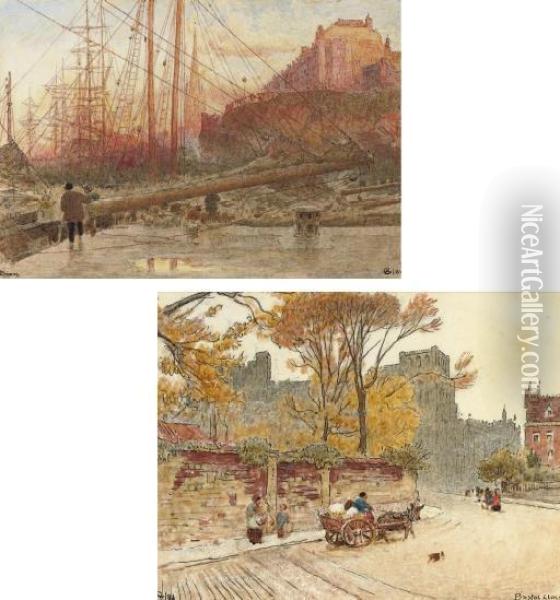 The Docks In Bristol; And The Cathedral Close, Bristol Oil Painting - Albert Goodwin