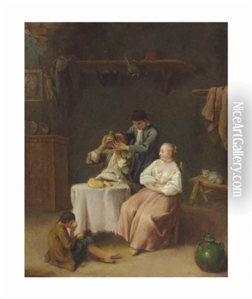 Figures Eating And Drinking In An Interior Oil Painting - Pietro Longhi