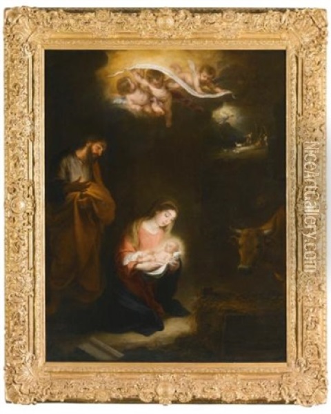 A Nocturnal Scene With The Nativity And The Annunciation To The Shepherds Beyond Oil Painting - Bartolome Esteban Murillo