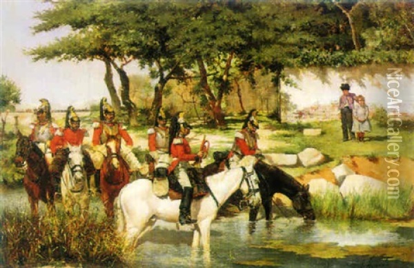 Vanguard Crossing A River Oil Painting - Jose Aguado y Guerra