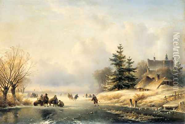 Skaters on a frozen waterway, a mansion beyond Oil Painting - Lodewijk Johannes Kleijn