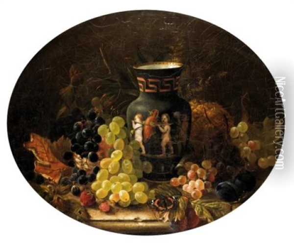 Still Life Of Grapes, Pineapple, Strawberries, Plums And A Classical Vase On A Ledge Oil Painting - George Lance