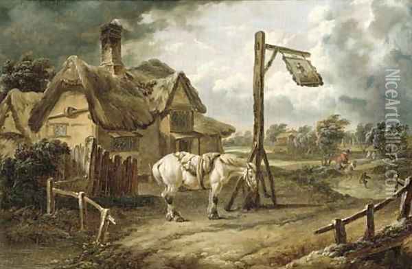 A horse tethered before an inn on a blustery day Oil Painting - Charles Towne