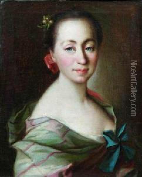 Portrait De Jeune Femme A La Robe Ornee D'un Noeud Bleu Oil Painting - Giuseppe Bonito