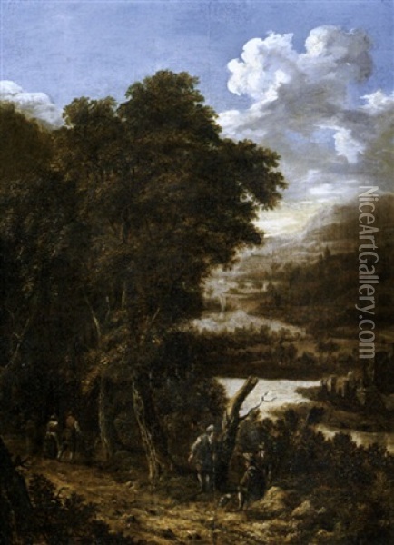 An Extensive Heavily Wooded River Landscape With Travelers Oil Painting - Willem Hendriksz Verboom