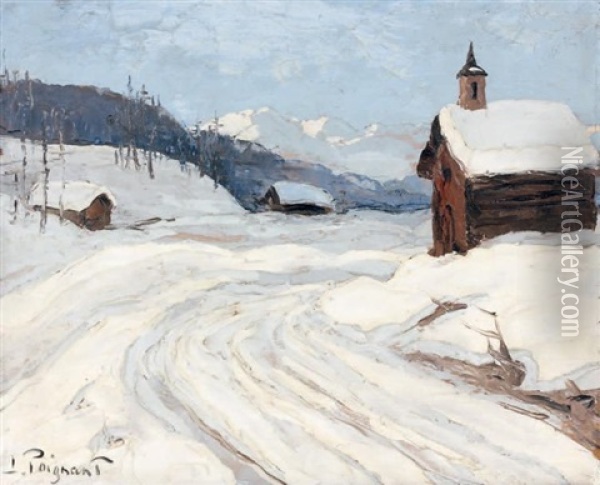 Chapelle Dans Un Paysage De Montagne Enneige Oil Painting - Lucien Poignant