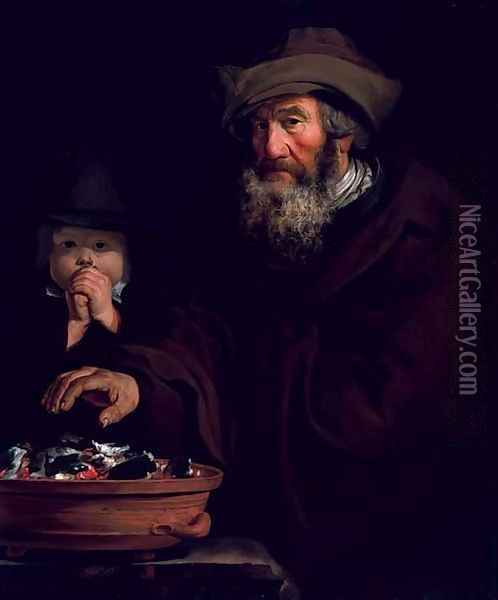 An old man warming his hands over coals Oil Painting - Jacob Cornelisz Van Oostsanen