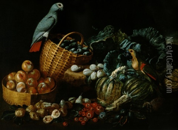 Natura Morta Con Frutta, Verdura E Due Papagalli Oil Painting - Jacob van der Kerckhoven