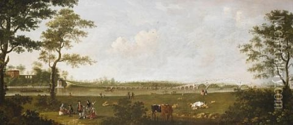 A View Of Old Walton Bridge From The North Looking Upstream With Elegant Figures Conversing In The Foreground Meadow Oil Painting - Joseph Nichols